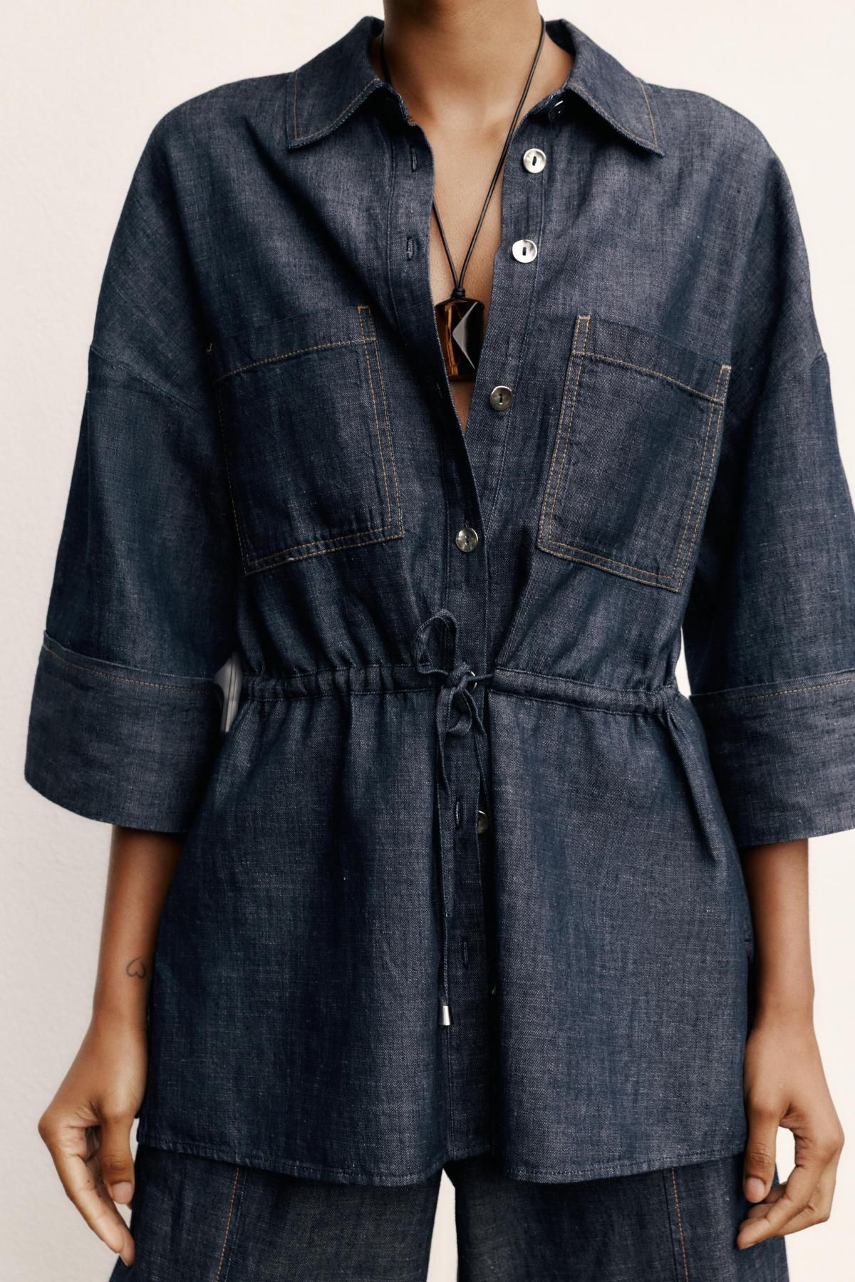자라 데님 린넨블렌드 사파리 셔츠 7982/454 INDIGO - 상세 이미지 3