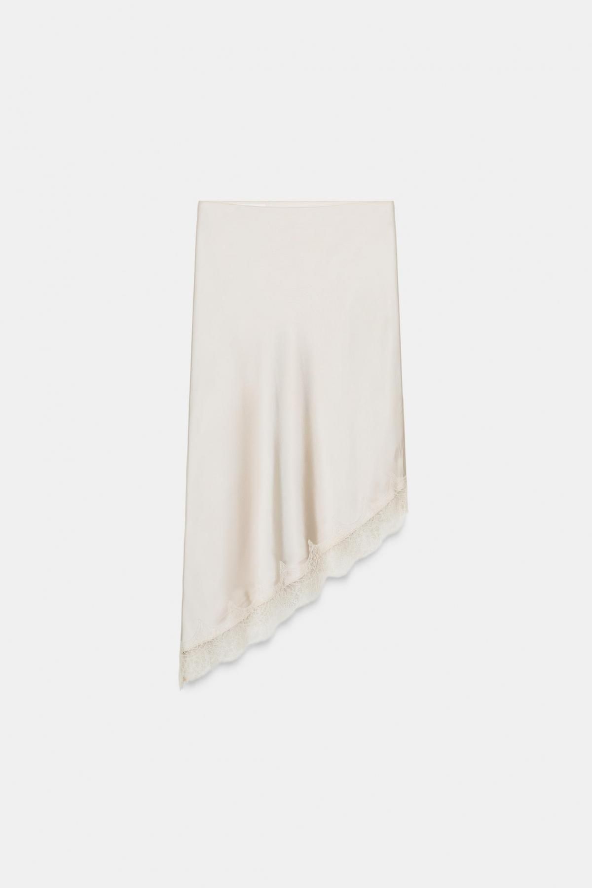 자라 새틴 레이스 비대칭 헴 미디 스커트 4772/509 GREY / BEIGE - 메인 이미지