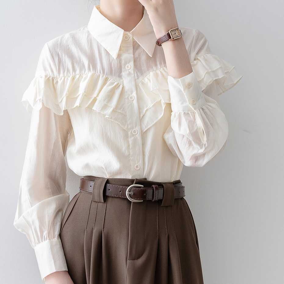 긴팔 러플프릴 블라우스 카라있는 봄가을 드라마 여배우 패션 오피스룩 프렌치 디자인 - 상품 이미지