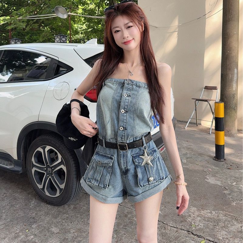 여성 데님 튜브탑 민소매 숏팬츠 점프수트 슬림핏 카고 올인원 데이트 캐주얼룩 청 롬퍼 바디라인 보정 유니크 봄 여름 - 상품 이미지