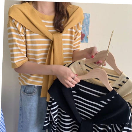 유넥티셔츠 여성 여름 가을 줄무늬 반팔티 여대생 외출룩