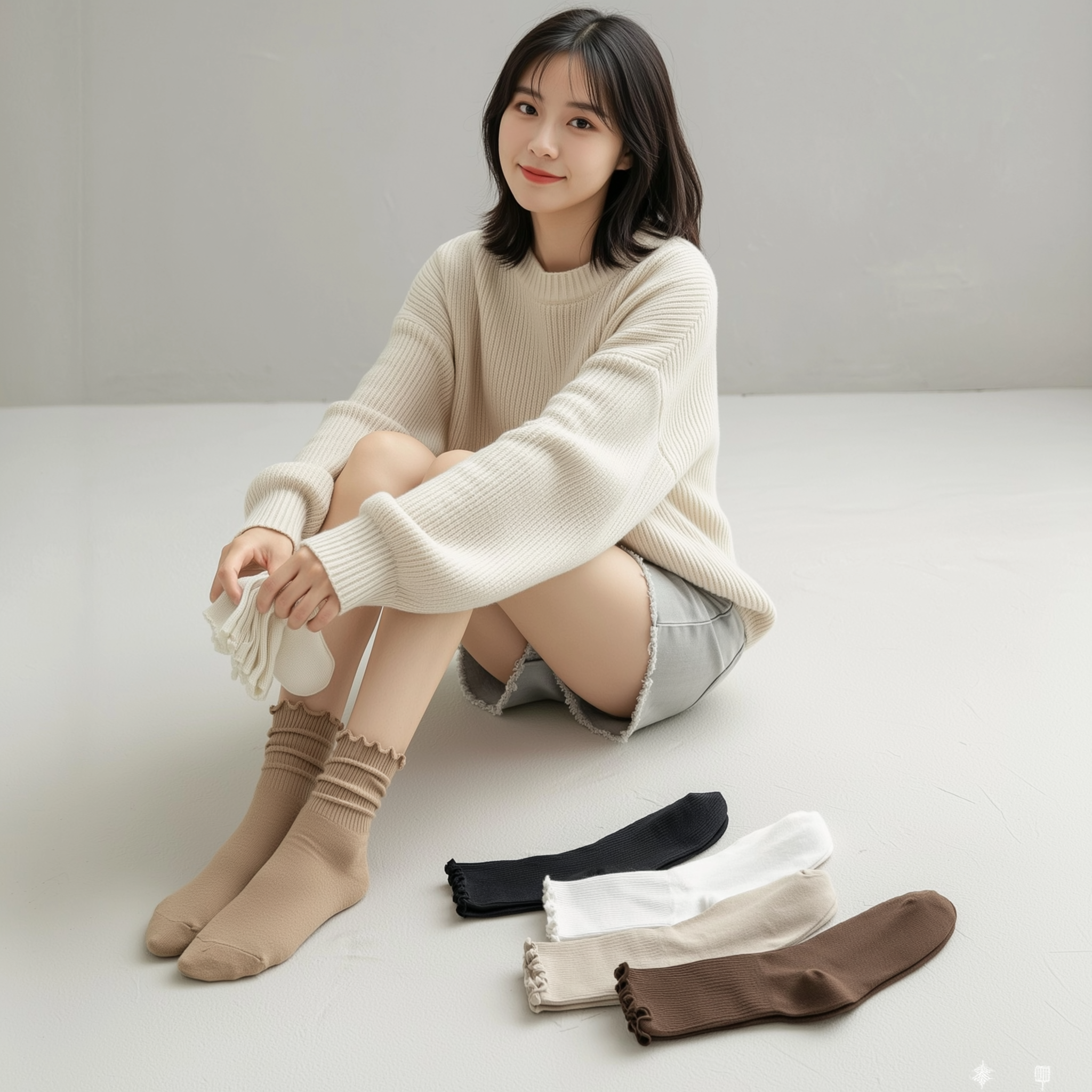 여성양말 무압박 무지 여자 수면 중목 장목 골지 라벨 사계절 양말 - 메인 이미지