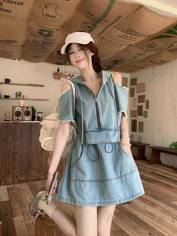 여성 어깨트임 후드 반팔 데님 원피스 H라인 미니 드레스 데미지 루즈핏 캐주얼 빈티지 여름 봄 사계절