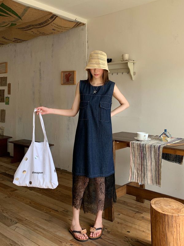 여성 라운드넥 민소매 데님 원피스 H라인 루즈핏 레이어드 미디 롱 하이웨스트 오피스룩 사계절
