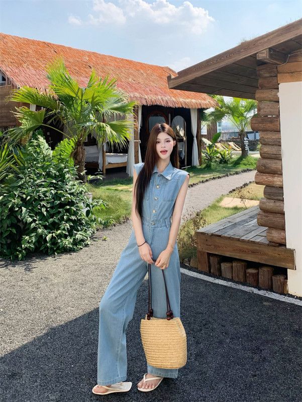 여성 카라넥 버튼 데님 민소매 와이드팬츠 점프수트 오버롤 롱 점프슈트 캐주얼 데일리 루즈핏 봄 여름 - 상세 이미지 4