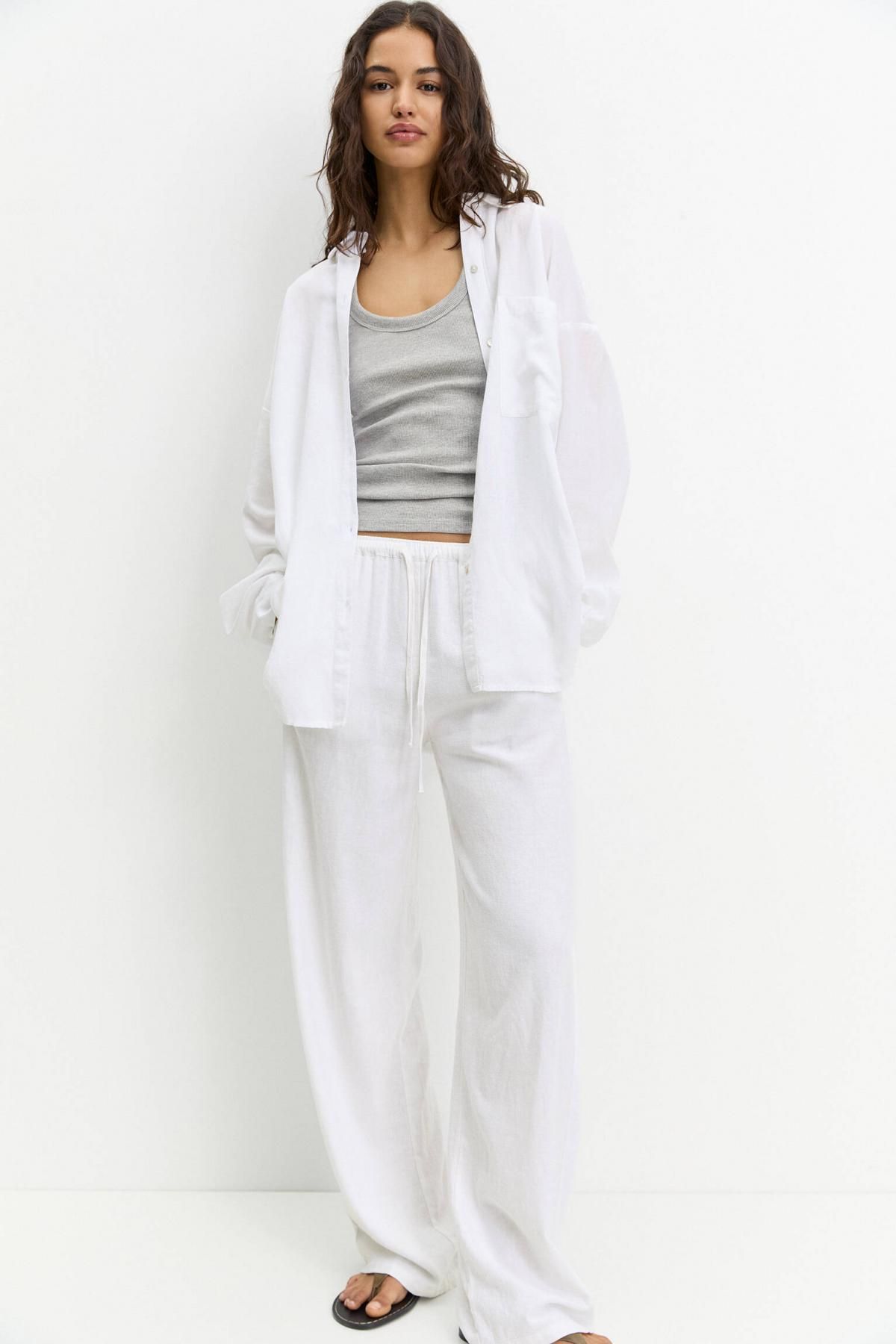 풀앤베어 내추럴 린넨 혼방 미드웨이스트 와이드 조거 팬츠 3680/334 WHITE - 상세 이미지 2