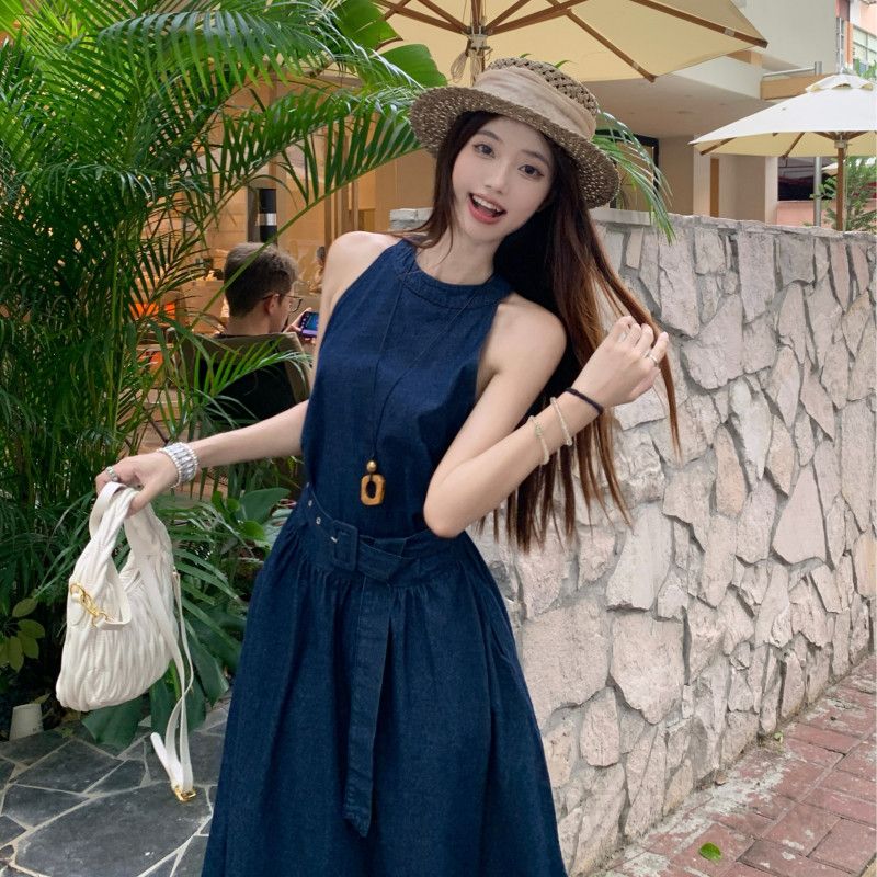 여성 데님 멜빵 민소매 벨트 A라인 플레어 미디 롱원피스 하이웨스트 하객룩 오피스룩 사계절 - 상세 이미지 5