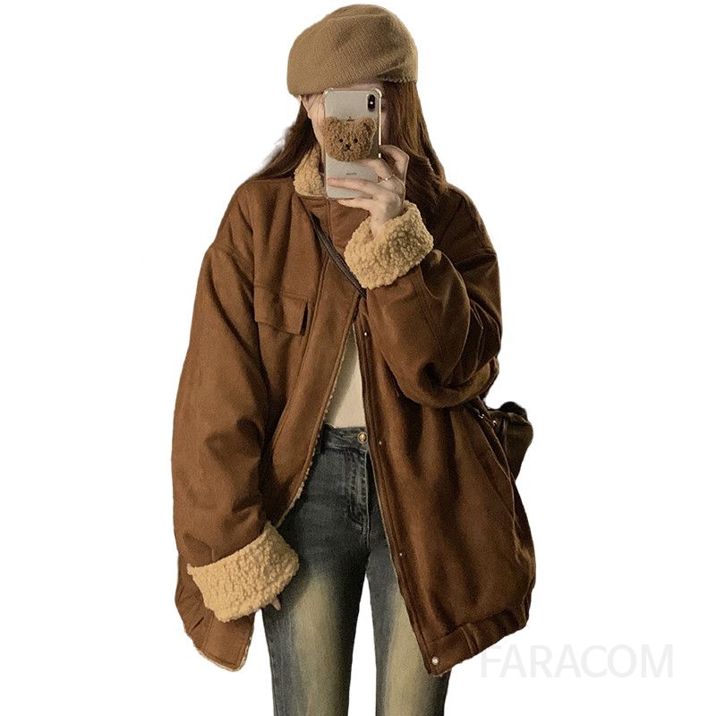 여성 빅사이즈 반목 하이넥 카라 양털 덤블 안감 오버핏 루즈핏 따뜻한 데일리 아우터 자켓 점퍼 겨울 - 상세 이미지 5