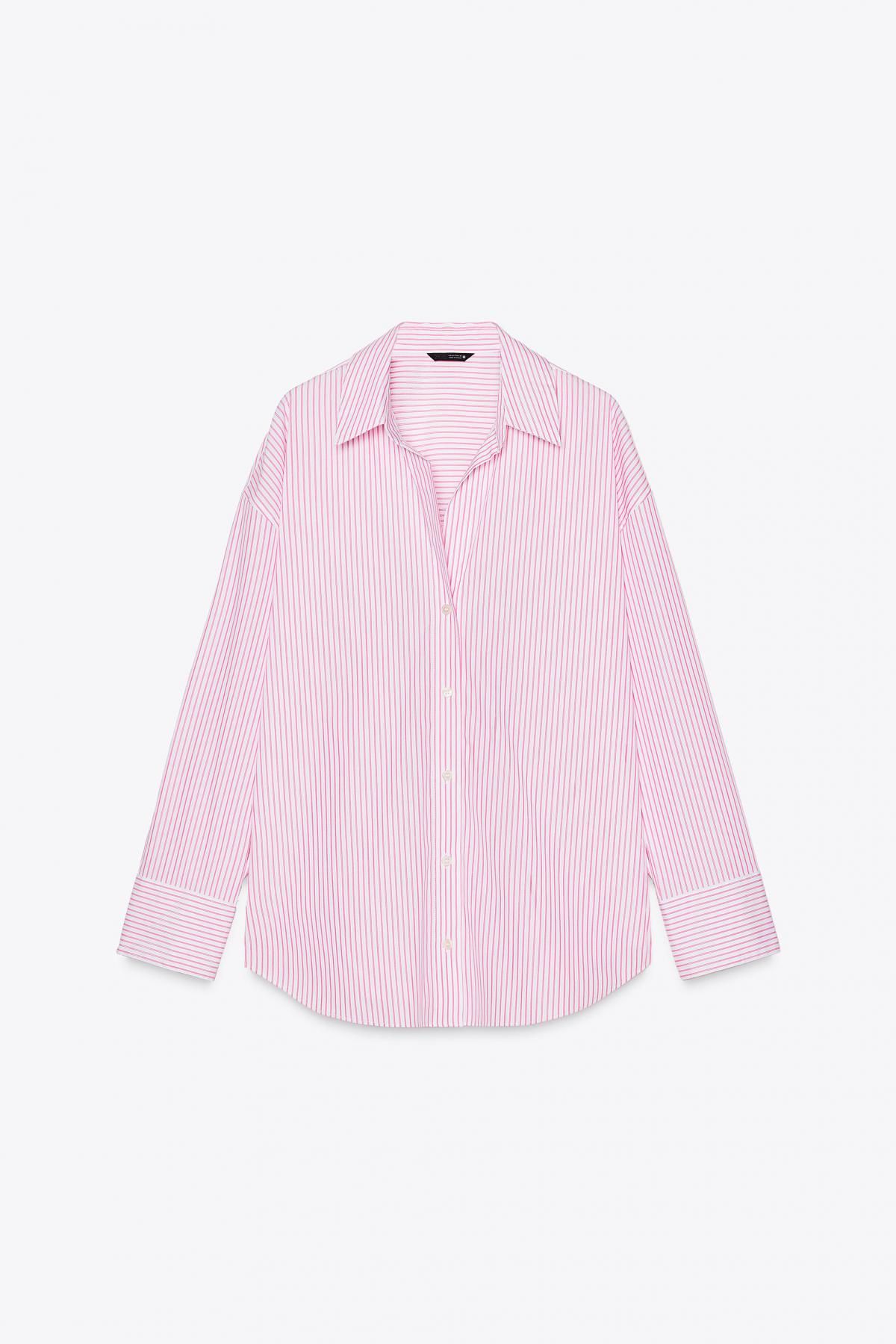 자라 메탈릭 스트라이프 포플린 브이넥 셔츠 2157/035 PINK / WHITE - 메인 이미지