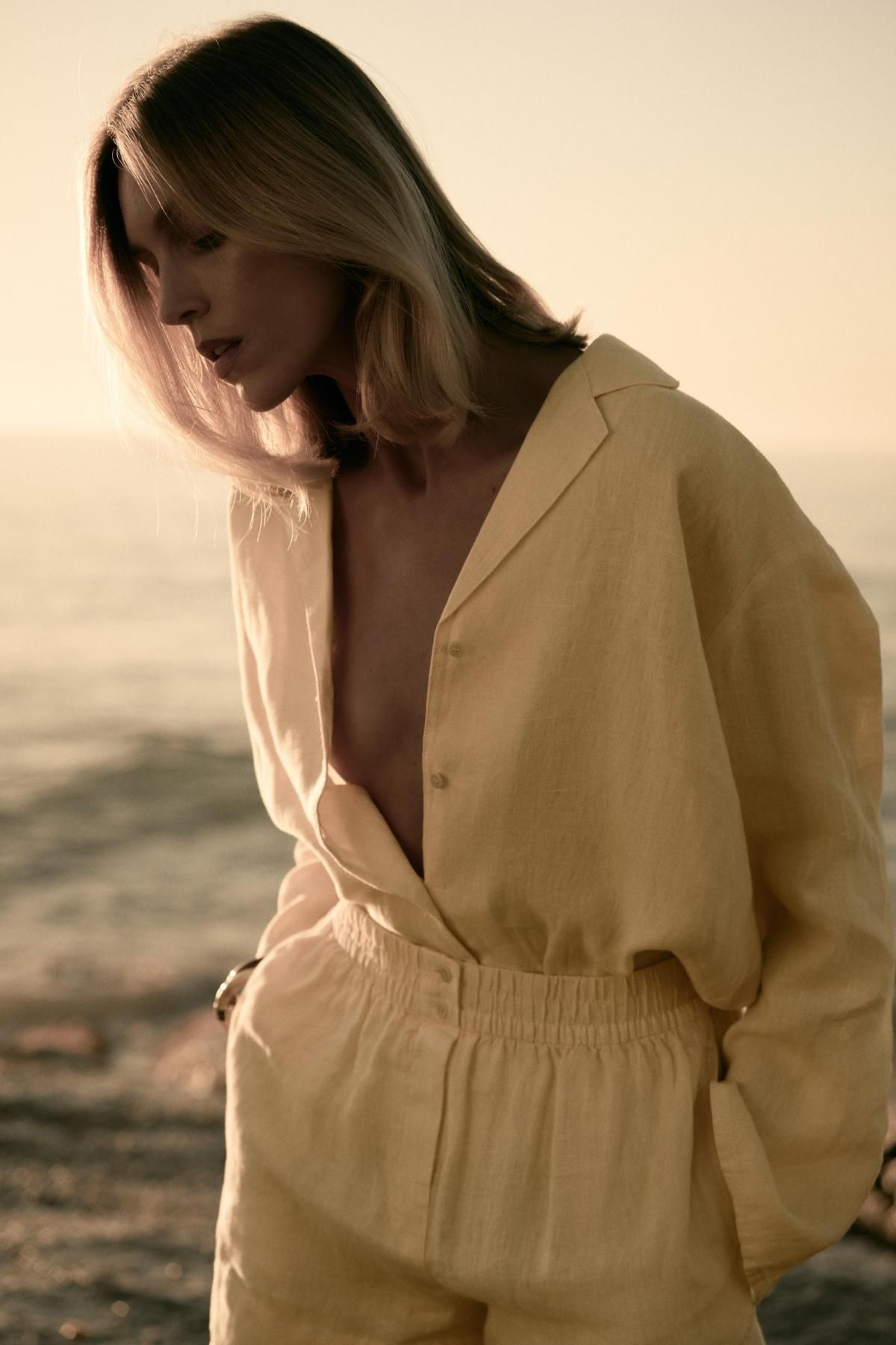 자라 100 린넨 쇼츠 4786/102 PASTEL YELLOW - 상세 이미지 3