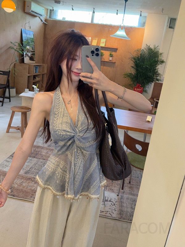 여성 홀터넥 민소매 블라우스 레이스 패치워크 프린팅 얇은 루즈핏 데일리 여름 상의 봄 여름 - 상세 이미지 4