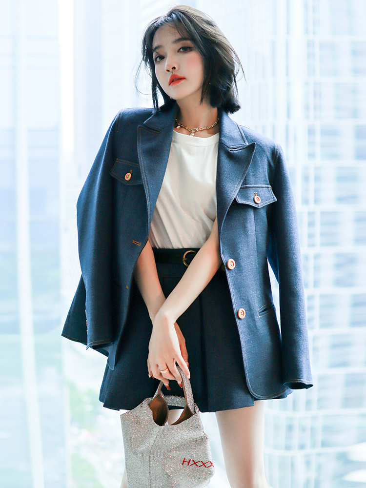 빅사이즈 데님 블레이저 청자켓 정장 캐주얼 재킷 데일리 가을 여성 - 상품 이미지