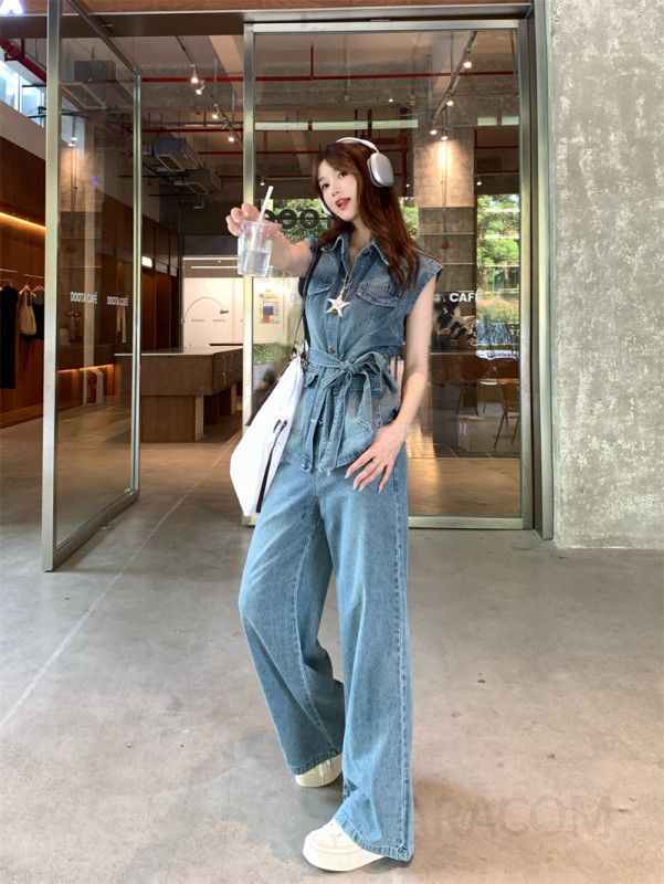 여성 여름 데님 투피스 세트 캐주얼 스타일 생지 청청 셋업 시원한 착용감 휴양지 코디용 와이드 조끼와 반바지 모던한 디자인 - 상세 이미지 5