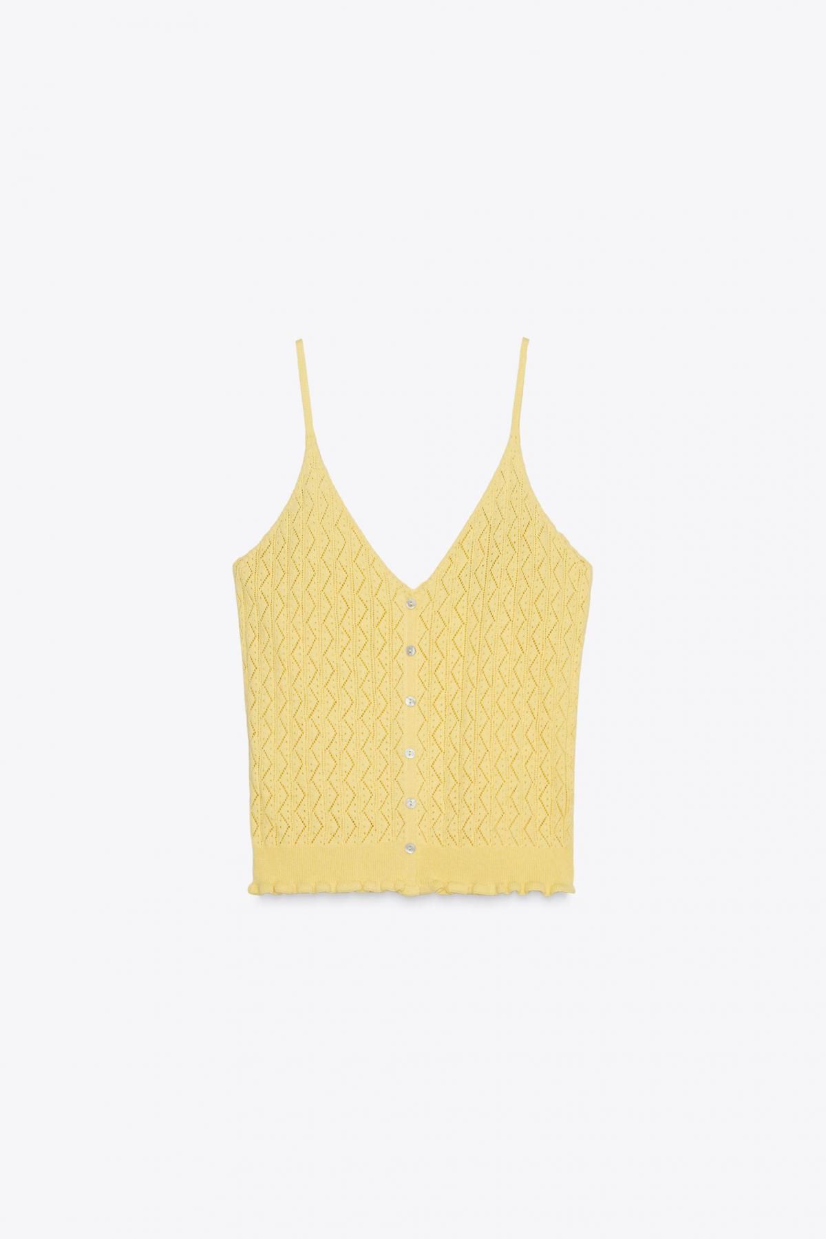 자라 포인텔 니트 브이넥 프릴 버튼 스트랩 탑 6427/058 LIGHT YELLOW - 메인 이미지