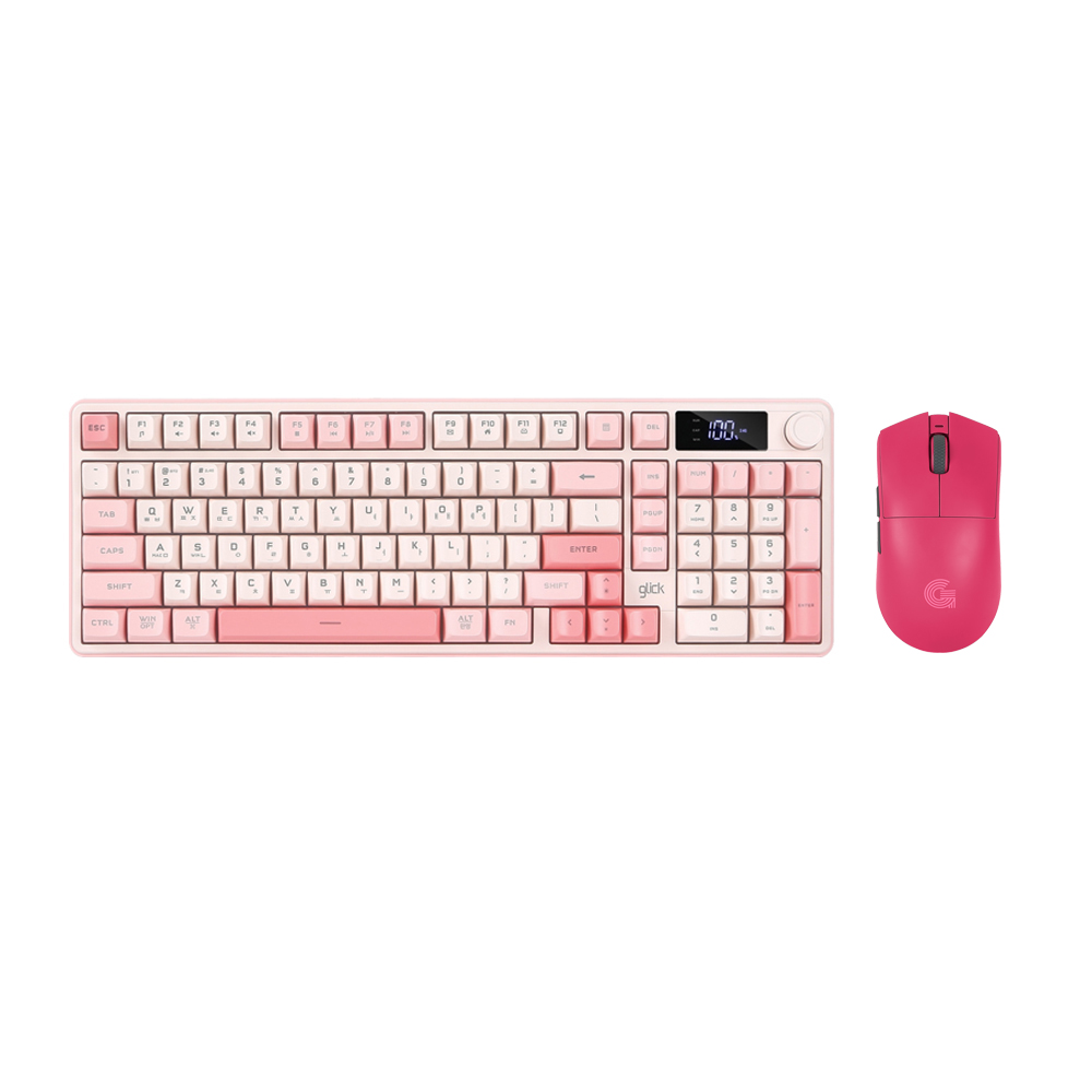 지클릭커 오피스프로 WMK990 사일런스 M RGB 풀윤활 무소음 방수 무선 블루투스 LCD 98 키보드 마우스 세트 Pink - 상품 이미지