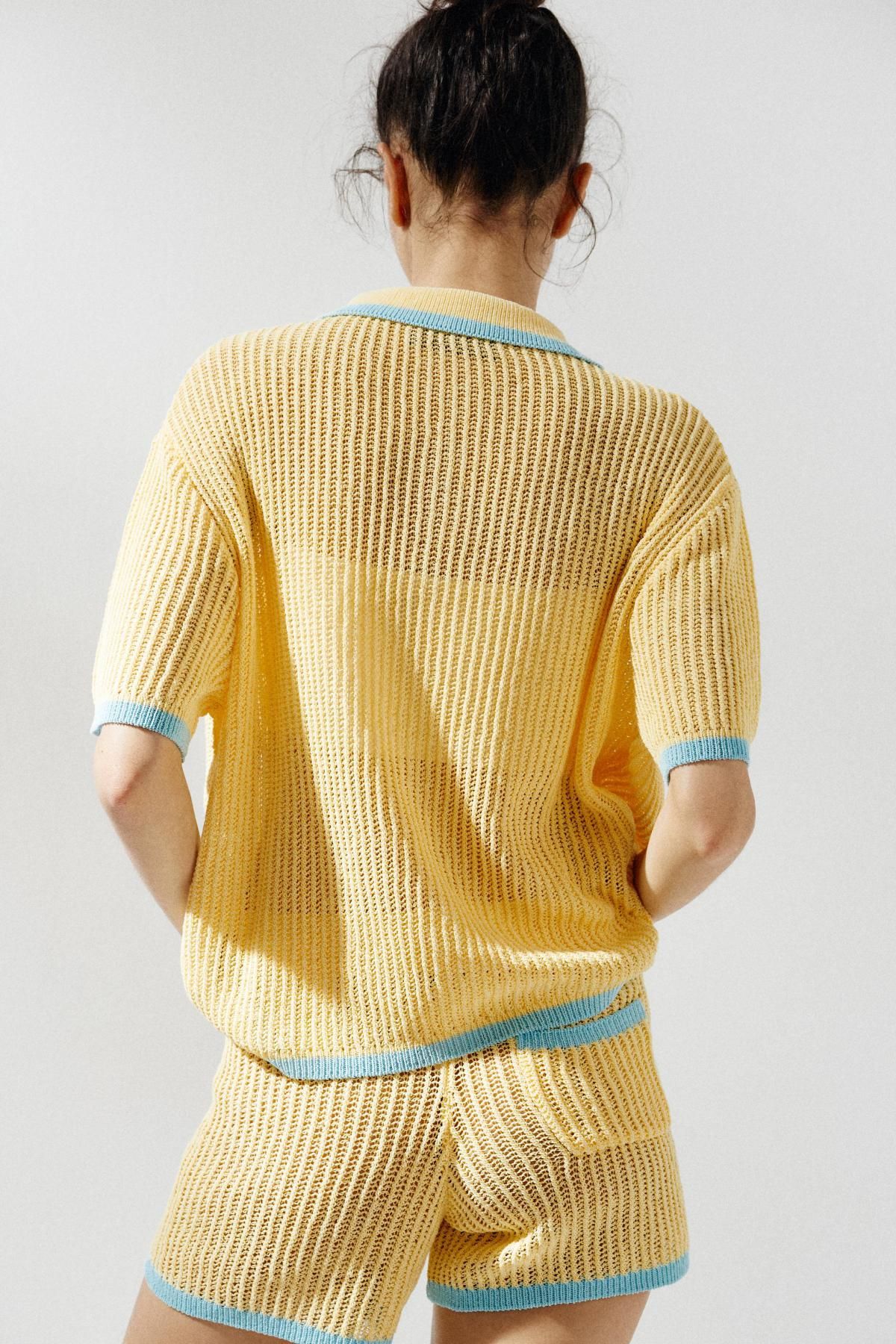 자라 프레시 옐로우 카라 포인트 반팔 니트 카디건 3920/260 LIGHT YELLOW - 상세 이미지 5