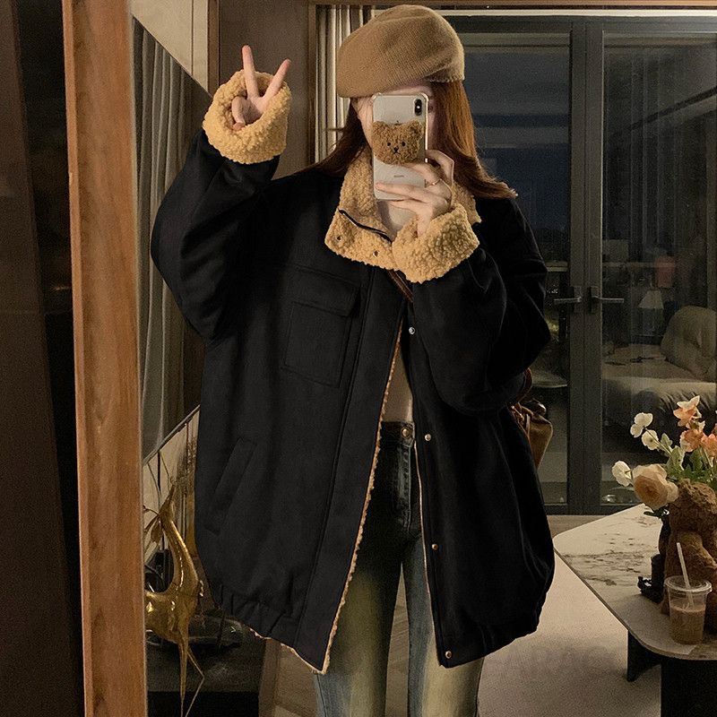 여성 빅사이즈 반목 하이넥 카라 양털 덤블 안감 오버핏 루즈핏 따뜻한 데일리 아우터 자켓 점퍼 겨울 - 상세 이미지 3