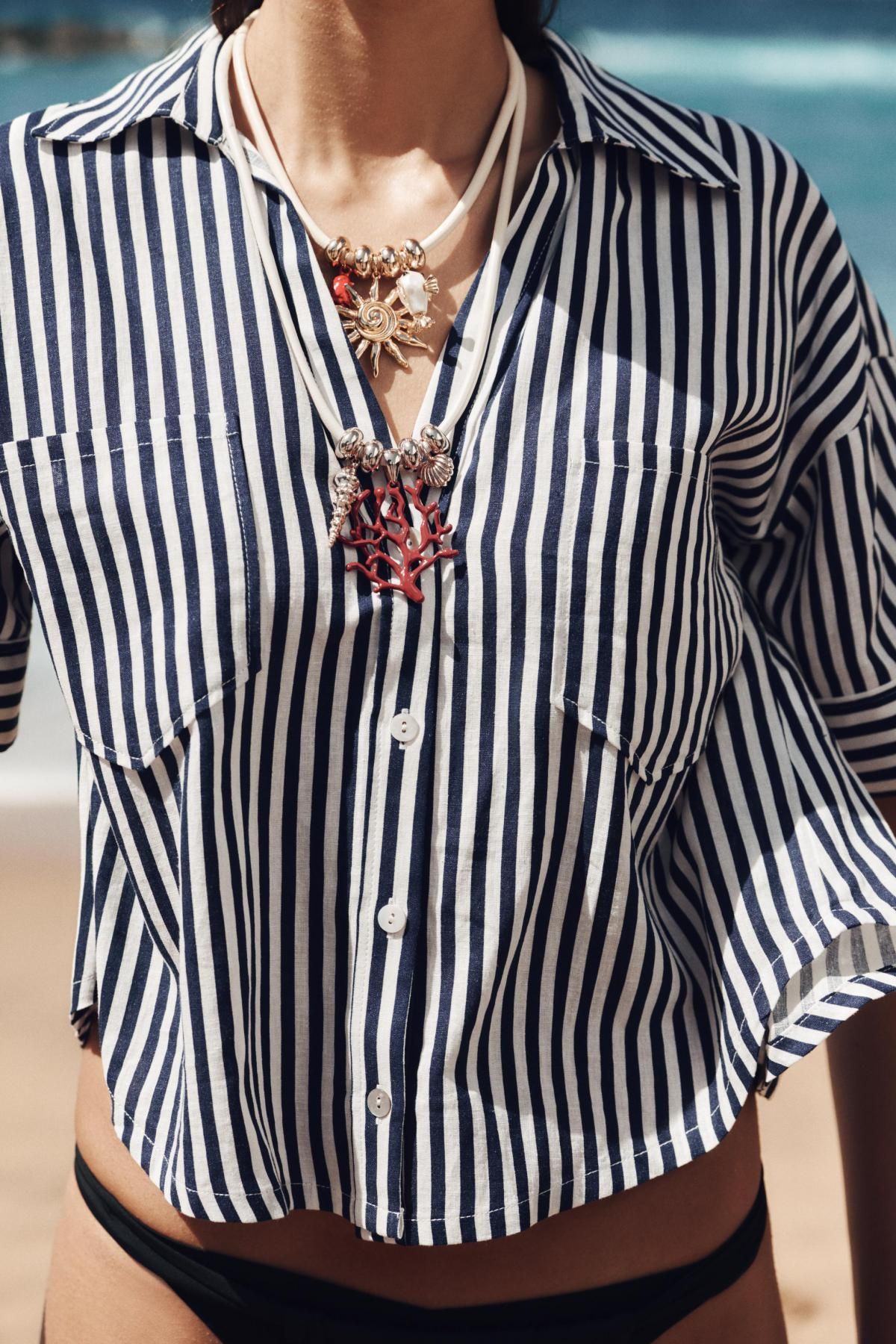 자라 크롭 린넨 블렌드 셔츠 2187/813 BLUE/WHITE - 상세 이미지 4