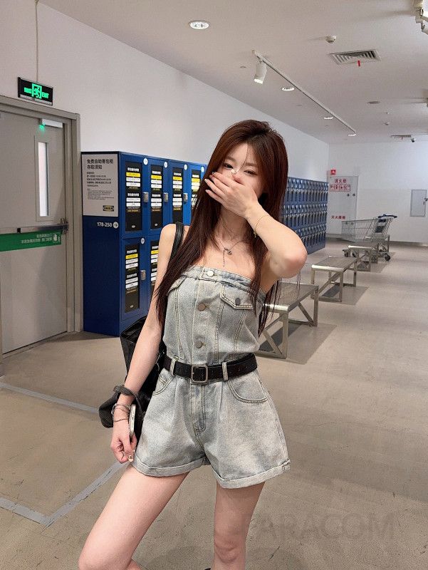 여성 끈없는 데님 점프수트 멜빵 워싱 숏 팬츠 뷔스티에 롬퍼 청반바지 올인원 휴가룩 캐주얼 데일리 코튼 사계절 - 상세 이미지 3