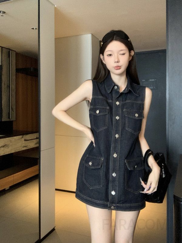 여성 캐주얼 데님 민소매 원피스 버튼업 카라 셔츠 포켓 루즈핏 미니 원피스 데일리룩 봄 여름 - 상세 이미지 4