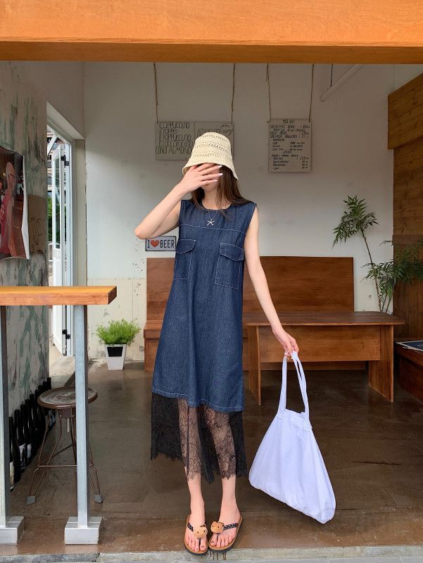 여성 라운드넥 민소매 데님 원피스 H라인 루즈핏 레이어드 미디 롱 하이웨스트 오피스룩 사계절