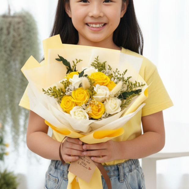 졸업 졸업식꽃다발 비누꽃 학예회 발표회 재롱잔치 유치원 디럭스노랑장미(17송이) - 메인 이미지