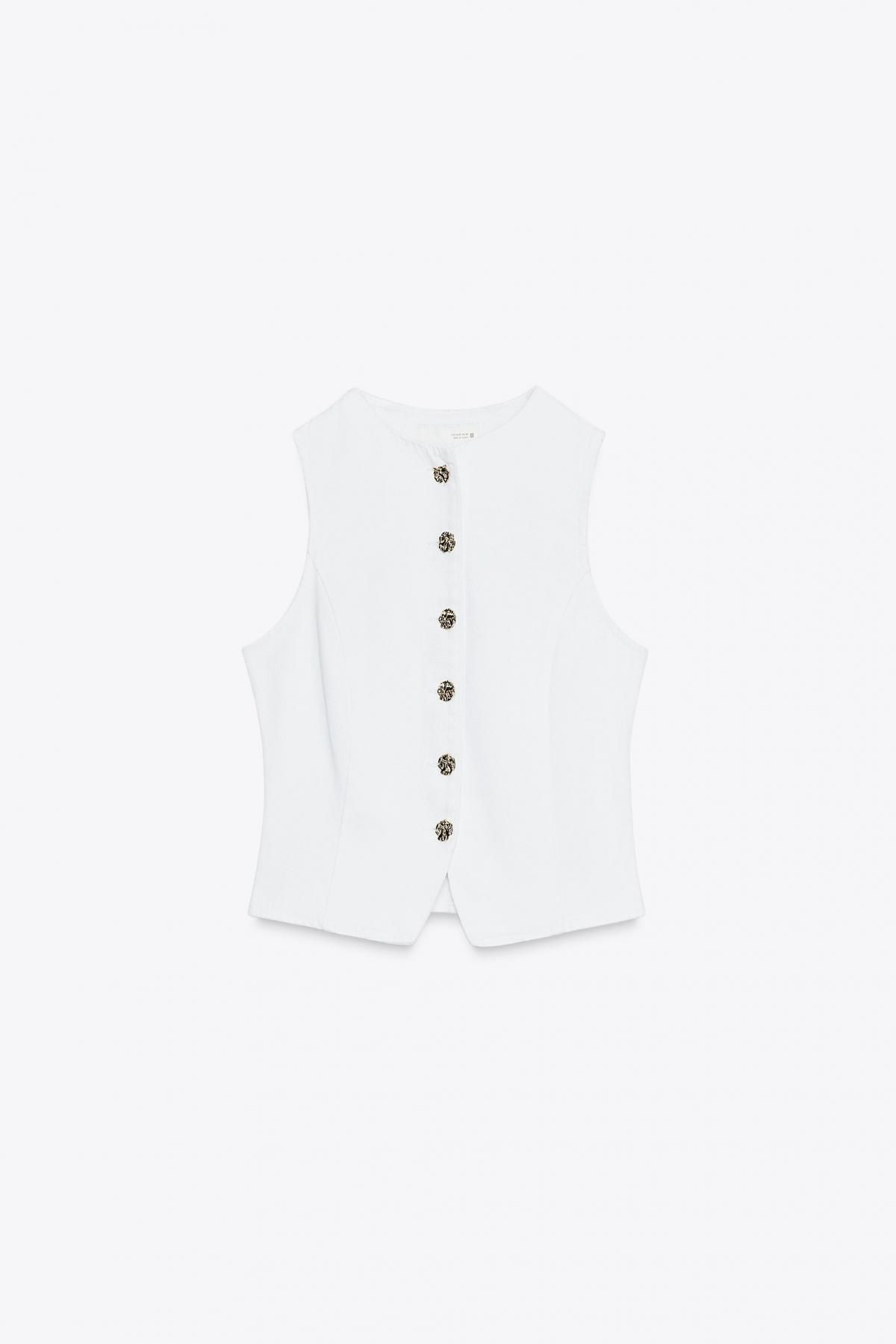 자라 데님 라운드넥 골드버튼 베스트 6164/109 WHITE - 메인 이미지