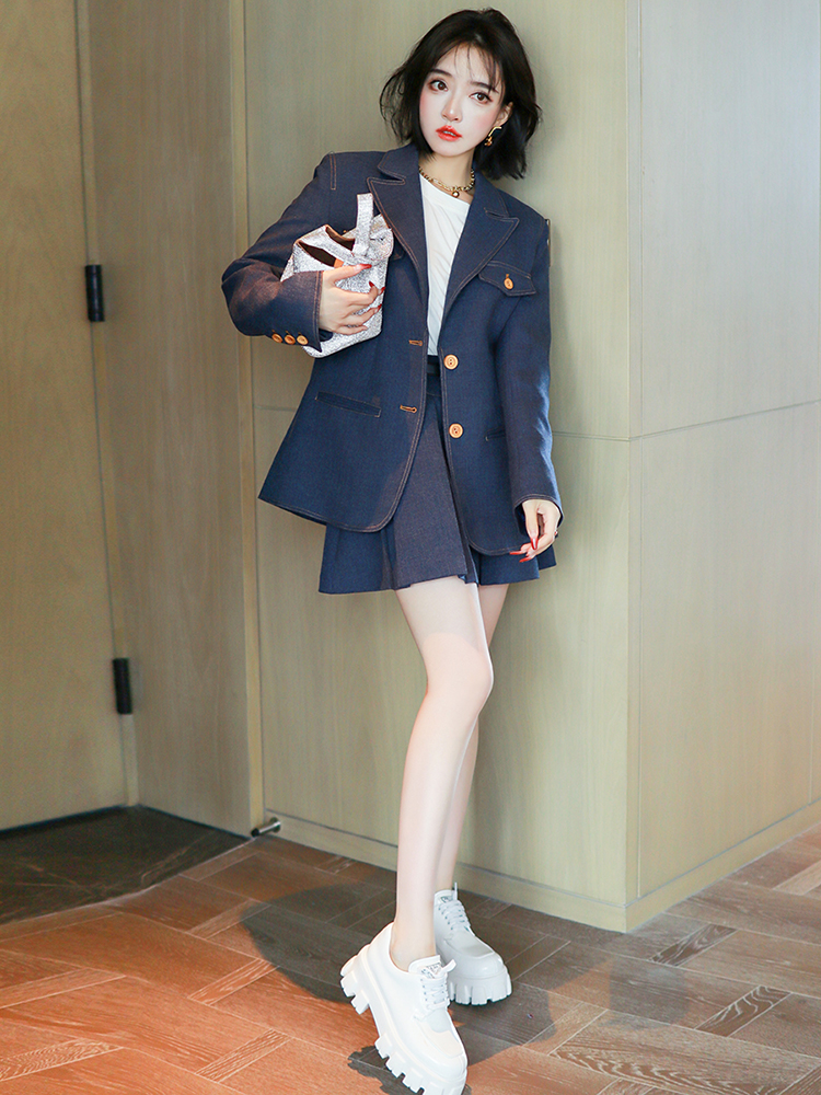 빅사이즈 데님 블레이저 청자켓 정장 캐주얼 재킷 데일리 가을 여성 - 상세 이미지 3
