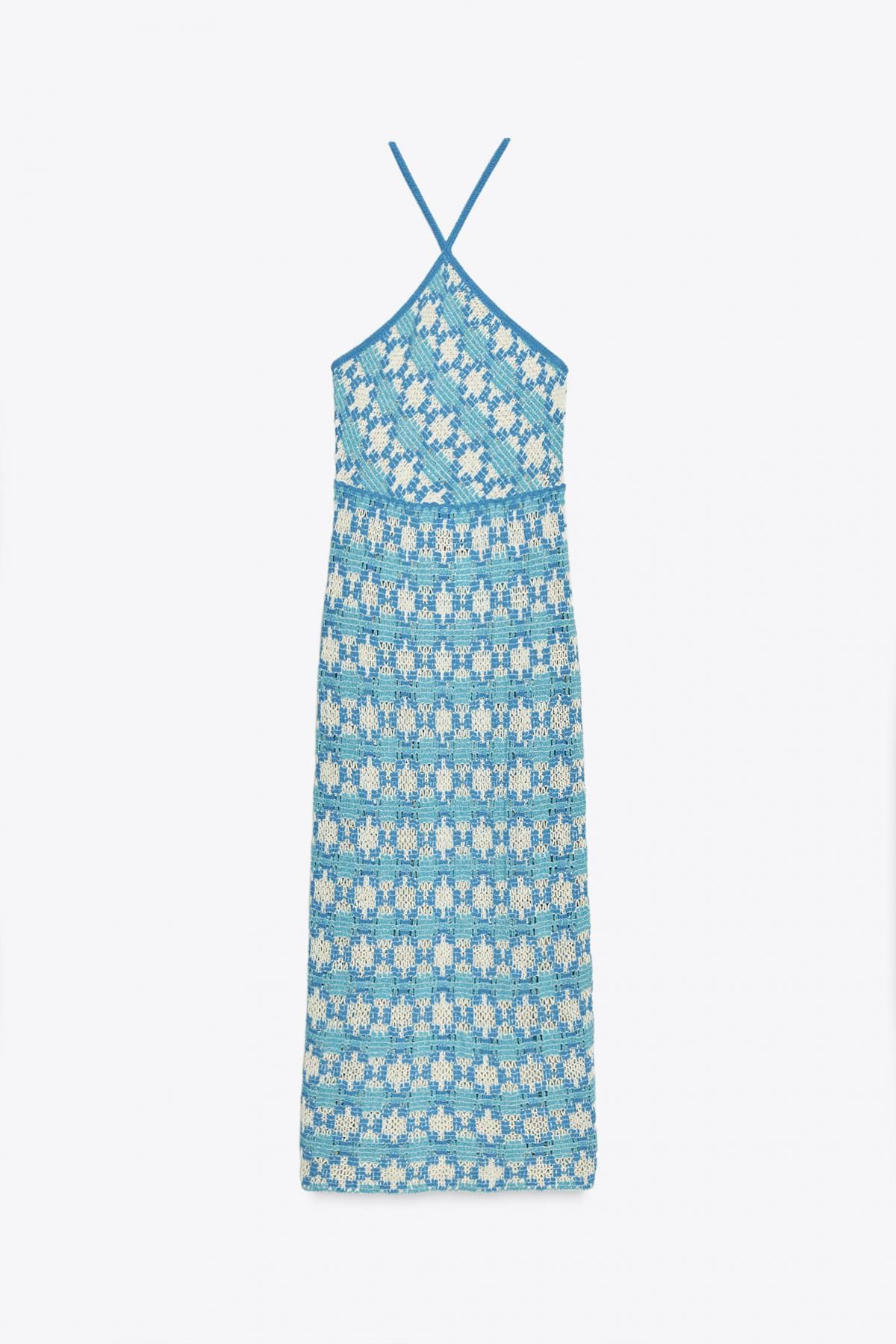 자라 메탈릭 니트 홀터넥 미디 원피스 3500/005 BLUE/WHITE - 메인 이미지