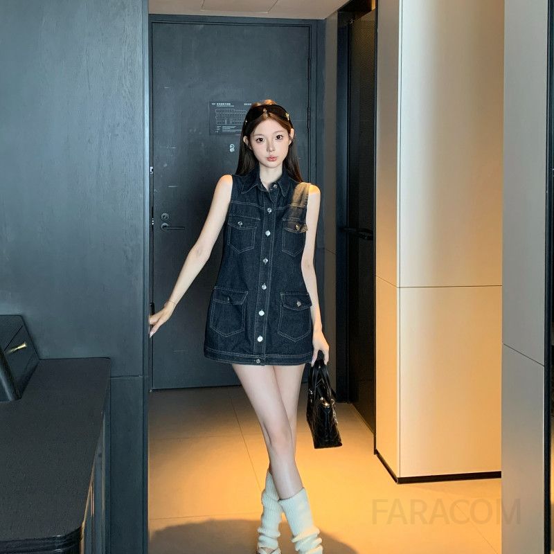 여성 캐주얼 데님 민소매 원피스 버튼업 카라 셔츠 포켓 루즈핏 미니 원피스 데일리룩 봄 여름 - 상품 이미지