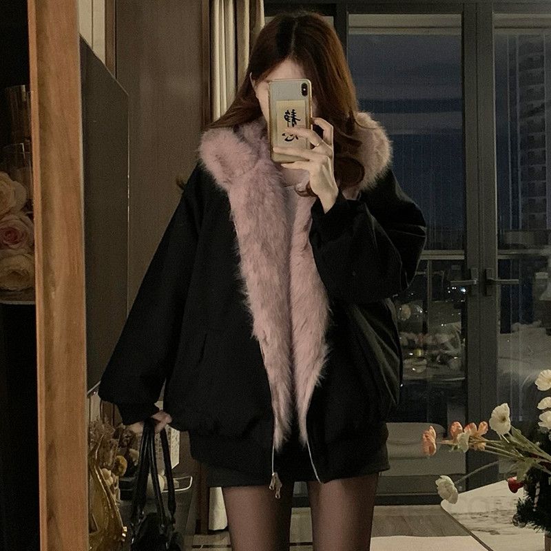 여성 빅사이즈 양면 리버시블 퍼 후드 숏자켓 블랙 핑크 두툼한 겨울 따뜻한 힙합 스트릿 캐주얼 아우터 - 상세 이미지 2