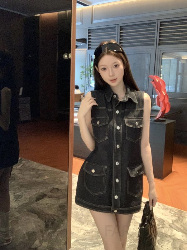 여성 캐주얼 데님 민소매 원피스 버튼업 카라 셔츠 포켓 루즈핏 미니 원피스 데일리룩 봄 여름 - 상세 이미지 3