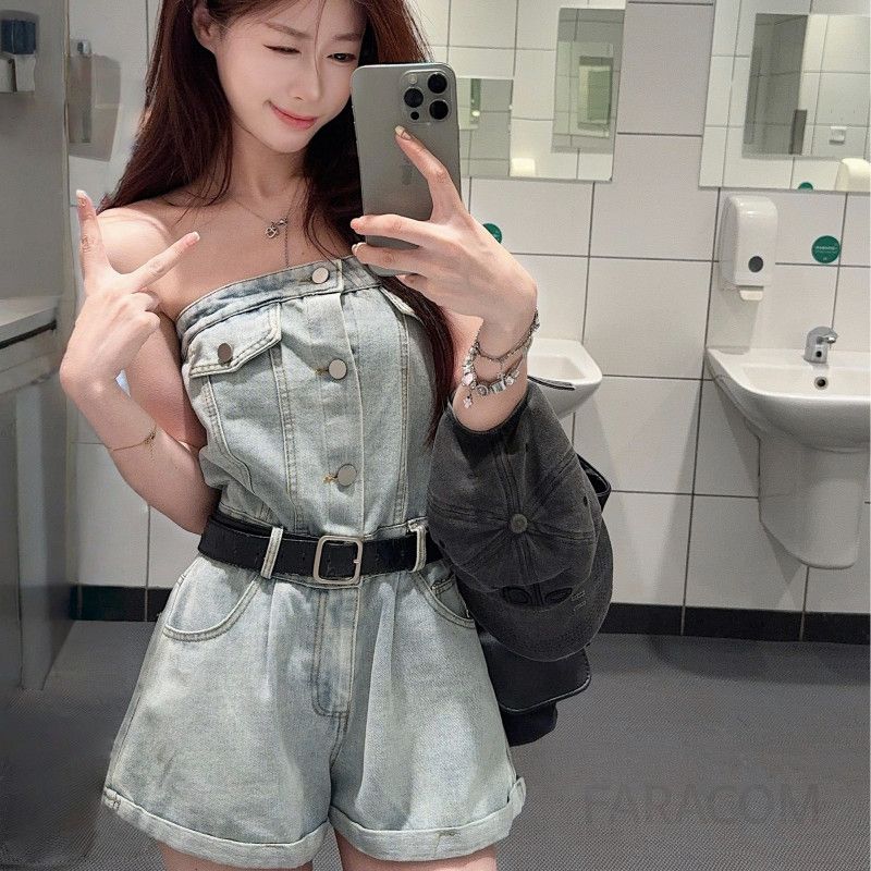 여성 끈없는 데님 점프수트 멜빵 워싱 숏 팬츠 뷔스티에 롬퍼 청반바지 올인원 휴가룩 캐주얼 데일리 코튼 사계절 - 상세 이미지 5