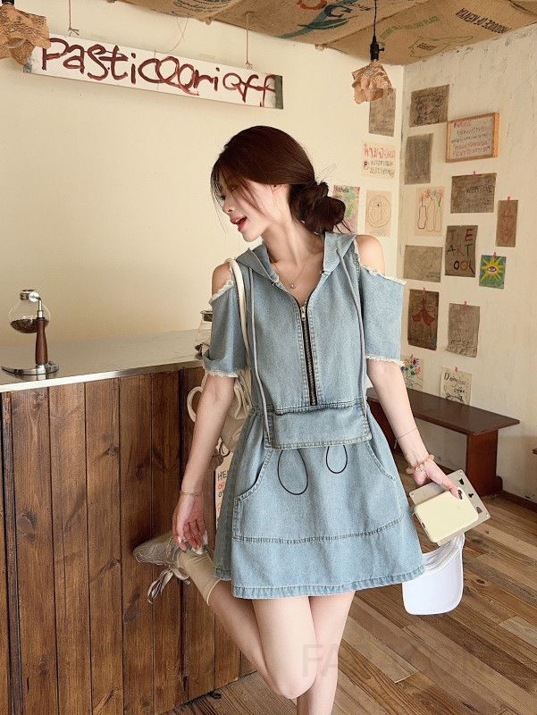 여성 어깨트임 후드 반팔 데님 원피스 H라인 미니 드레스 데미지 루즈핏 캐주얼 빈티지 여름 봄 사계절