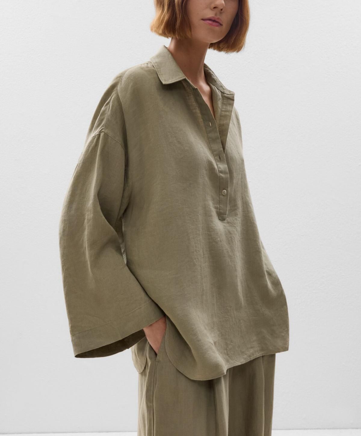 오이쇼 내추럴 린넨 오버사이즈 긴팔 셔츠 1041/750 WASHEDKHAKI - 상세 이미지 4