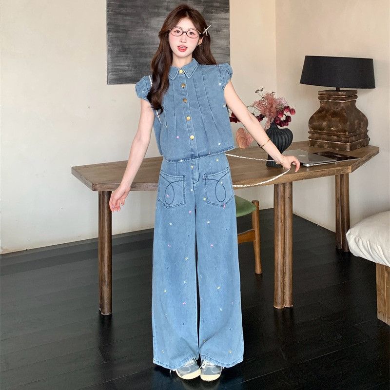 여성 데님 자수 민소매 퍼프 카라 블라우스 와이드 팬츠 투피스 셋업 캐주얼 데일리 청청 코디 봄 여름 - 상세 이미지 5
