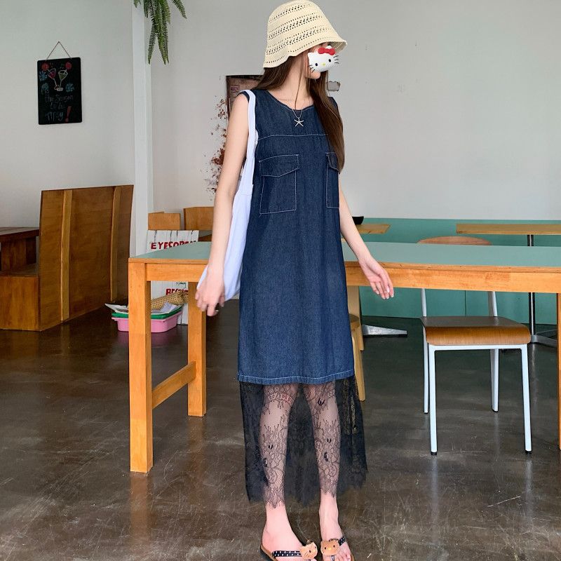 여성 라운드넥 민소매 데님 원피스 H라인 루즈핏 레이어드 미디 롱 하이웨스트 오피스룩 사계절
