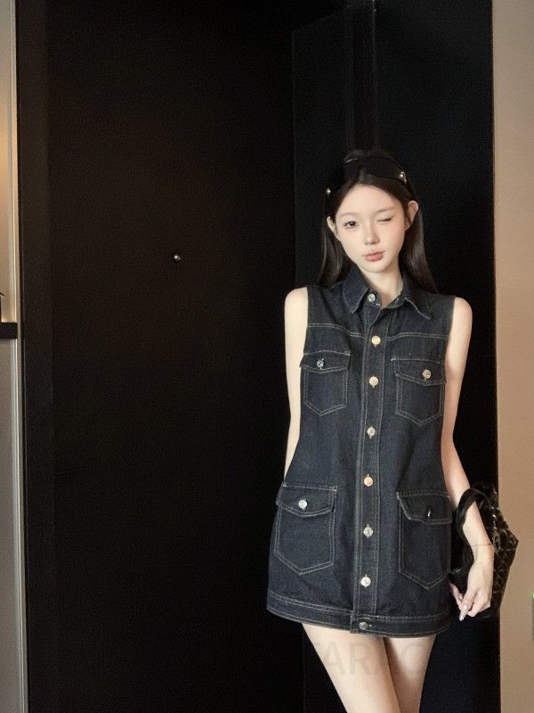 여성 캐주얼 데님 민소매 원피스 버튼업 카라 셔츠 포켓 루즈핏 미니 원피스 데일리룩 봄 여름 - 상세 이미지 2