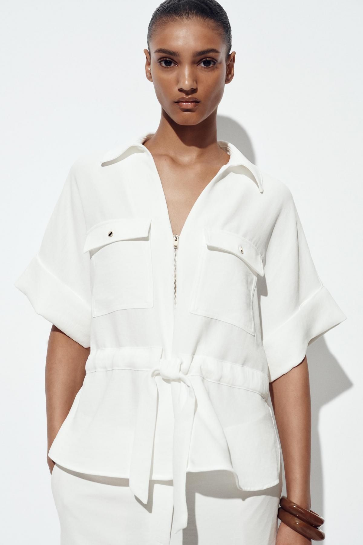 자라 테크니컬 드로스트링 웨이스트 사파리 반팔 셔츠 2157/068 OYSTER-WHITE - 상세 이미지 3