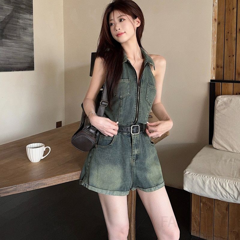 여성 워싱 데님 홀터넥 민소매 점프수트 롬퍼 카라넥 캐주얼 하이웨이스트 데일리 사계절 - 메인 이미지