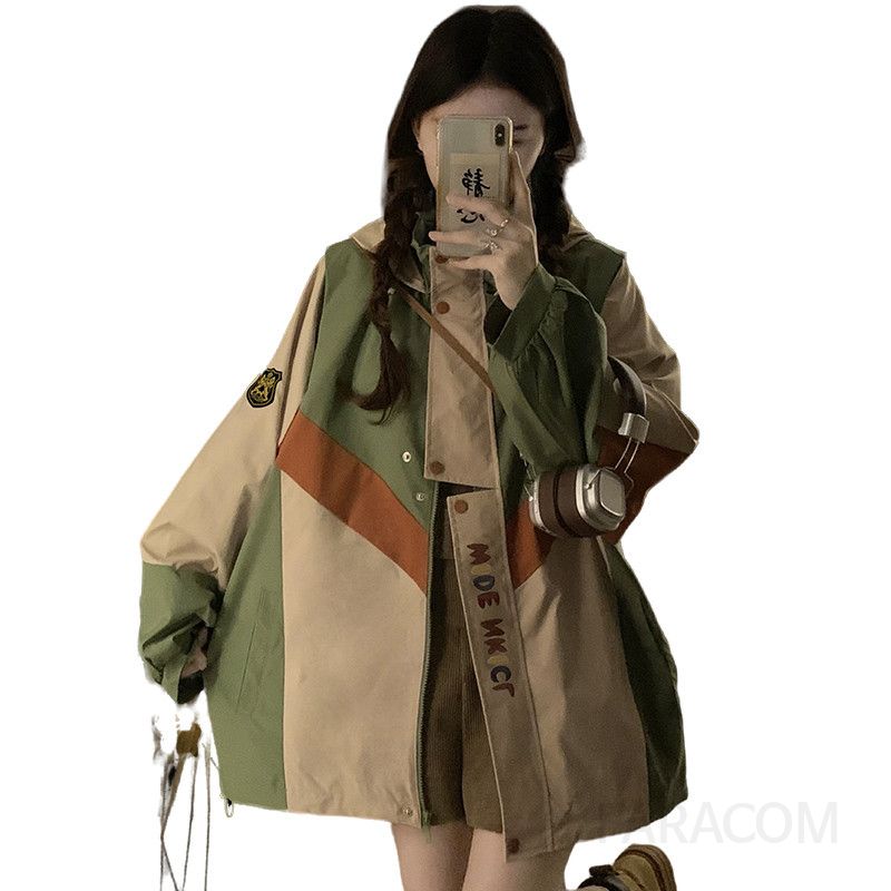 여성 빅사이즈 레터링 자수 오버핏 컬러블록 배색 랜턴슬리브 싱글버튼 점퍼 바람막이 아우터 자켓 봄 가을 - 상세 이미지 5