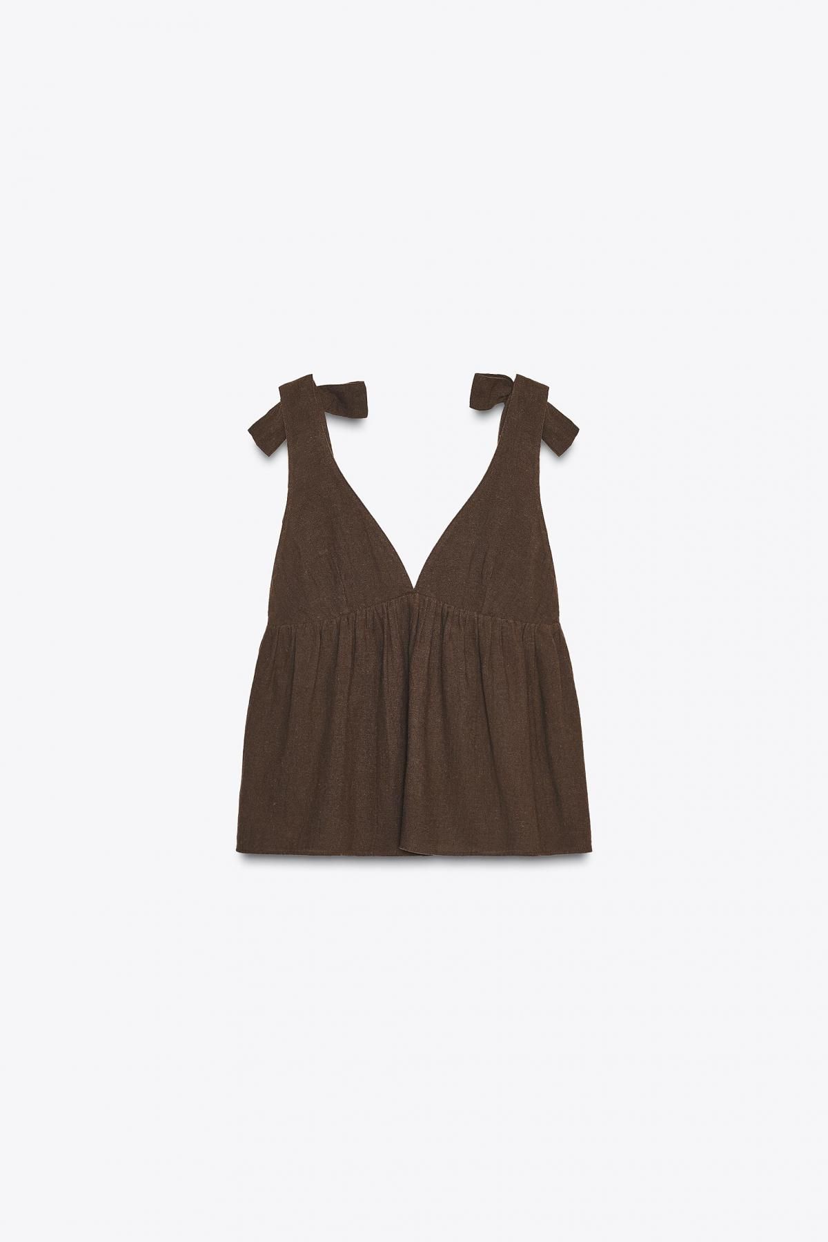 자라 리넨 브이넥 리본 스트랩 민소매 탑 0881/044 BROWN - 메인 이미지