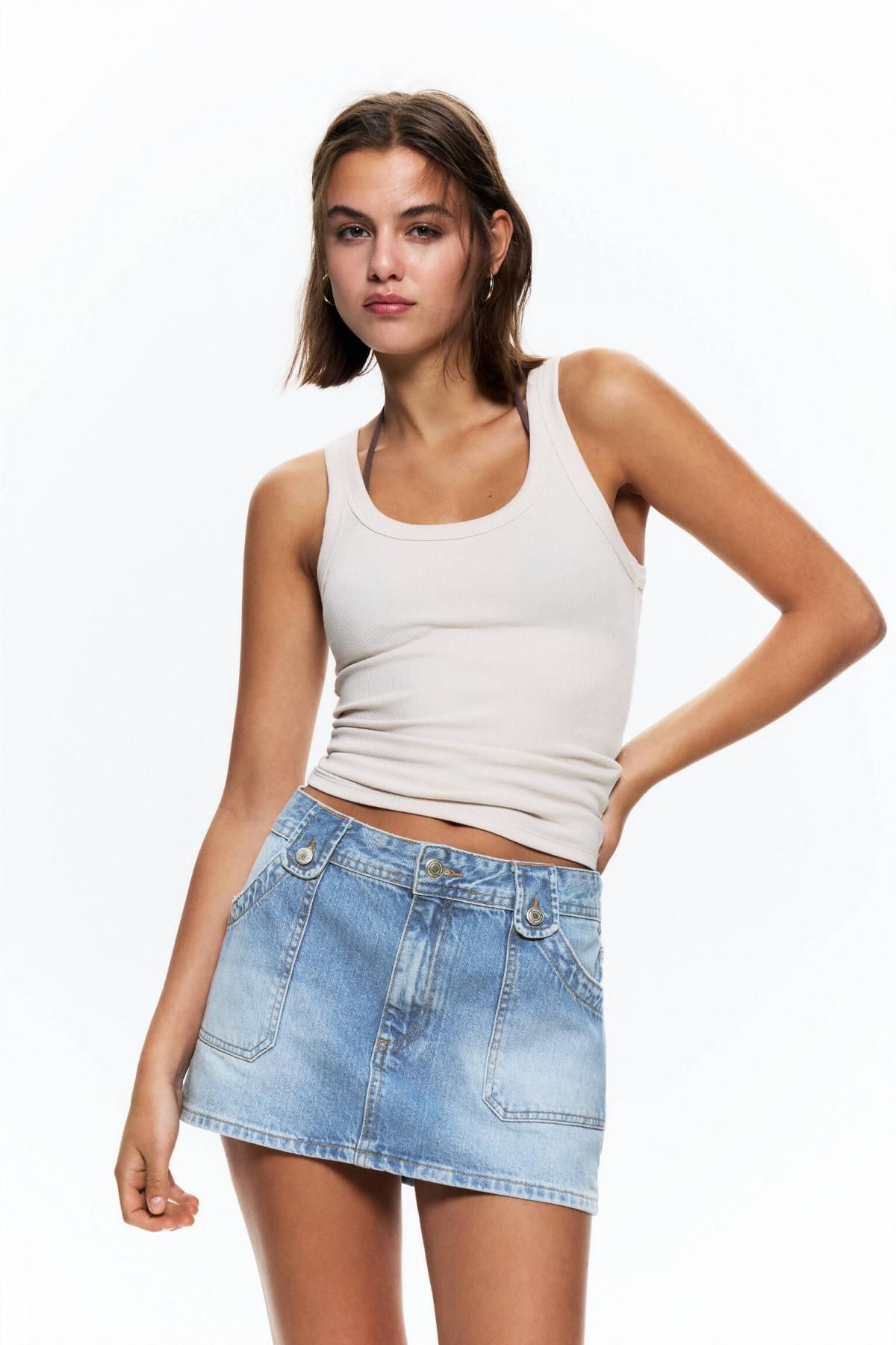 풀앤베어 트렌디 데님 카펜터 미니 스커트 7401/302 MEDIUM BLUE - 상세 이미지 3