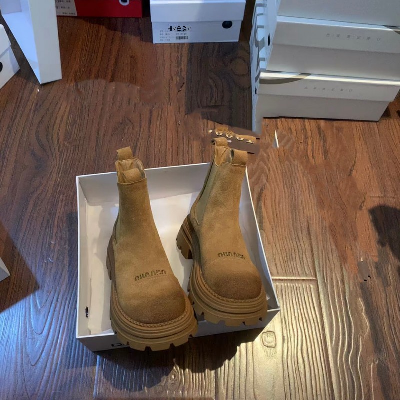 여성 레트로 두꺼운 밑창 마틴 부츠 겨울용 소가죽 통굽앵클부츠 미들부츠 - 상품 이미지