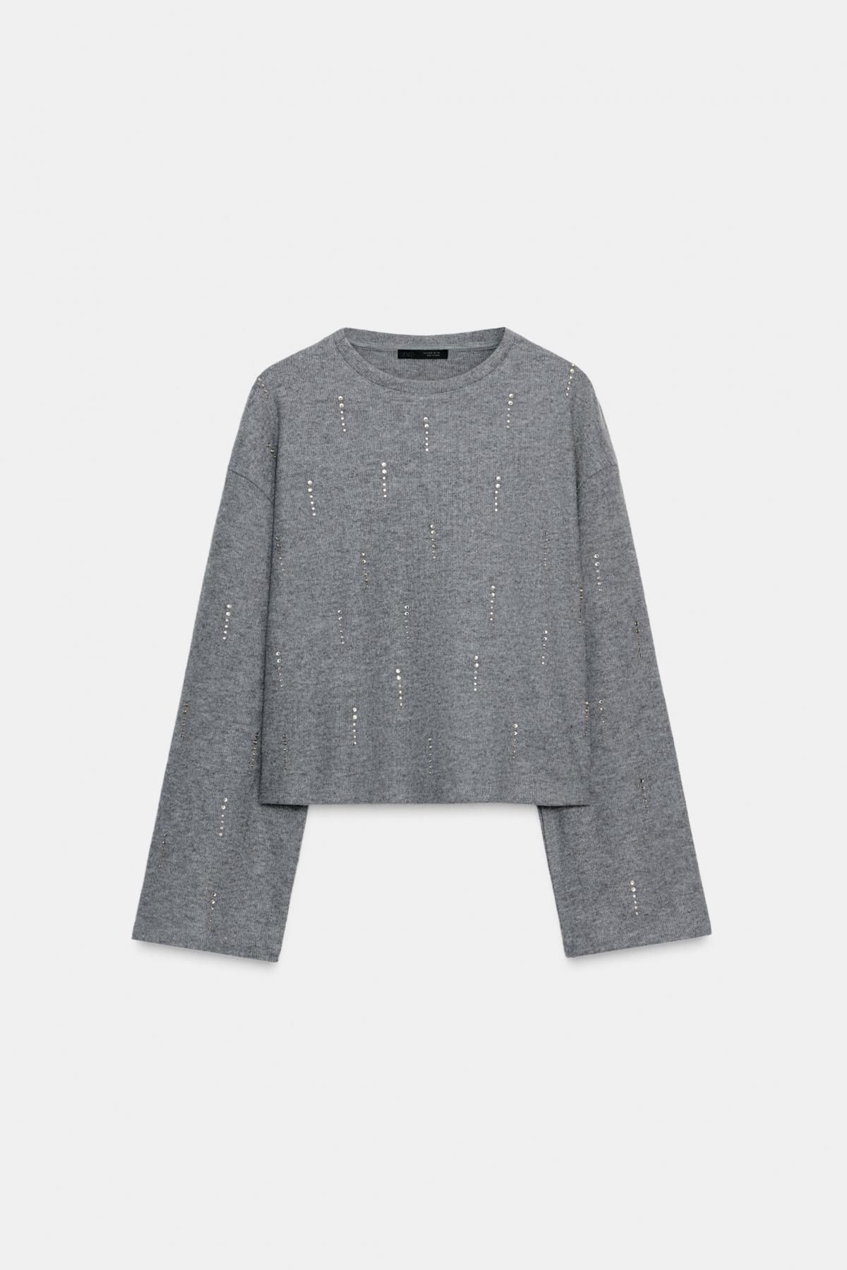 자라 글리터 라인스톤 라운드넥 골지 긴팔 맨투맨 1067/633 GREY MARL - 메인 이미지