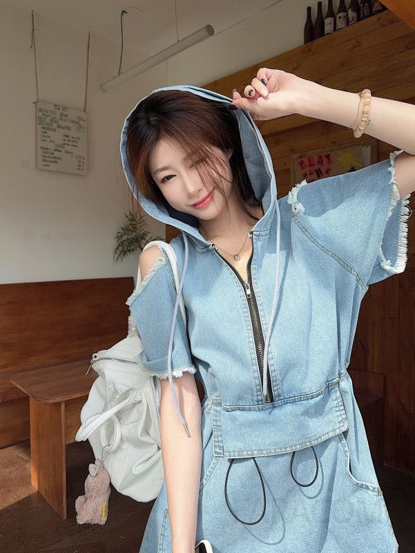 여성 어깨트임 후드 반팔 데님 원피스 H라인 미니 드레스 데미지 루즈핏 캐주얼 빈티지 여름 봄 사계절