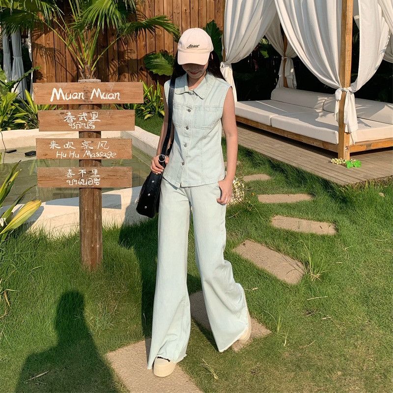 여성 숏카라 민소매 데님 조끼 베스트 와이드팬츠 투피스 셋업 세트 캐주얼 데일리룩 바캉스룩 여행룩 루즈핏 상하의 청청 코디 봄 여름 데이트룩 - 상세 이미지 5