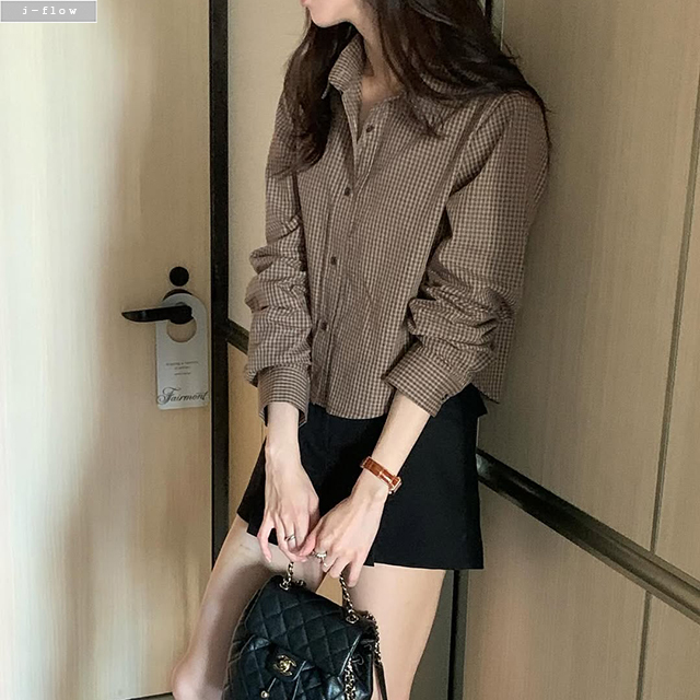 델로나 스탠다드 카라넥 세미크롭 체크 셔츠 1col 가을 밑단굴림 레이어드 제이플로우 - 상세 이미지 5
