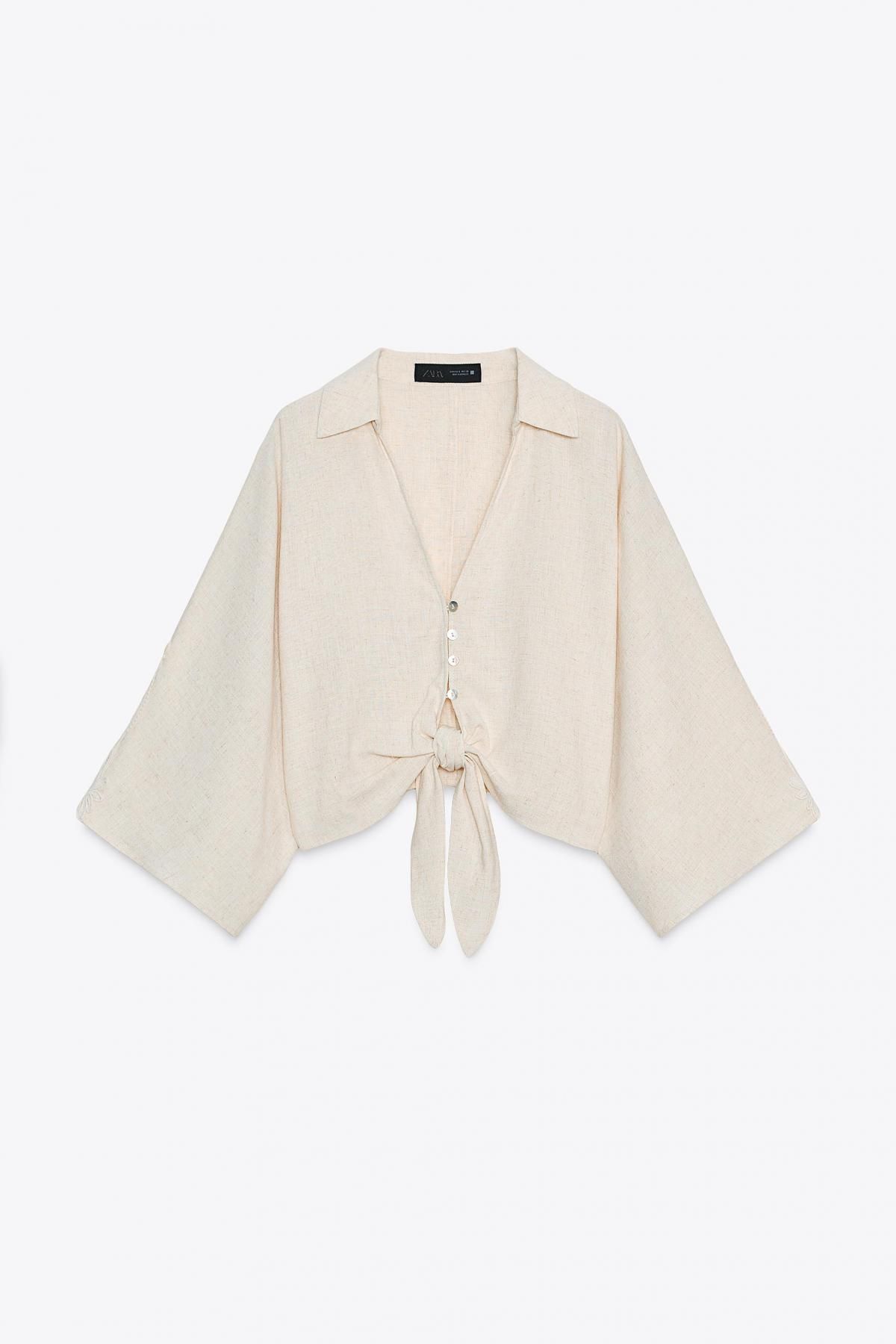 자라 크로셰트 트림 린넨 블렌드 노카라 매듭 셔츠 3395/746 LIGHT BEIGE - 메인 이미지