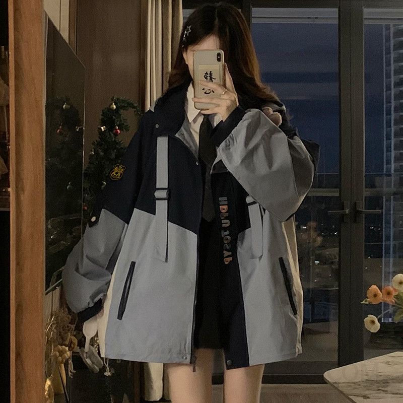 여성 빅사이즈 레터링 자수 오버핏 컬러블록 배색 랜턴슬리브 싱글버튼 점퍼 바람막이 아우터 자켓 봄 가을 - 상세 이미지 3